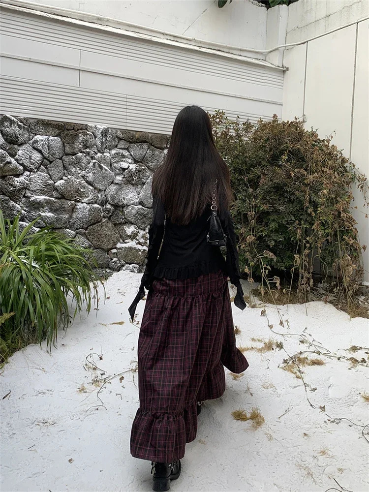 Womens Plaid A-line Long Skirt Vintage Y2k Skirt Harajuku Korean Streetwear Fashion A-line Skirts Emo 2000s Trashy Clothes 240812