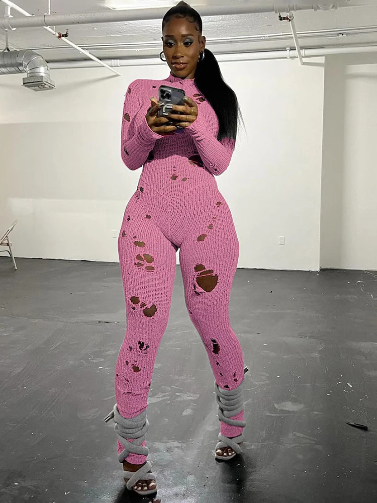 Weird Puss Knit Rip Jumpsuit Women Fitness Hollow Elastic Sexy Hipster Fall Long Sleeve Activity Street Workout Tight Overalls 240813