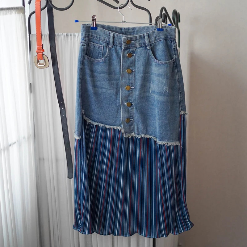 S-5XL Patchwork Pleated Jeans Skirts Women High Waist Ripped Skirts Vintage Elegant Korean Fashion Denim Skirts Big Size KS10294 240812
