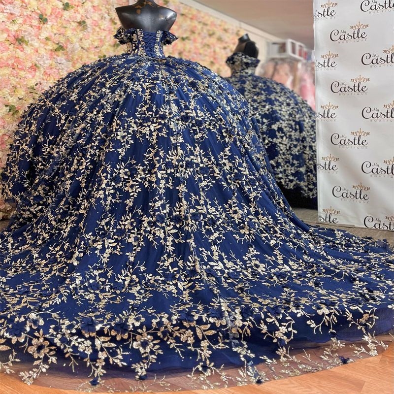 Sparkly Navy Blue Princess Off Shoulder Quinceanera Dresses Sweetheart Gold Lace Applique Tull Sweet 16 Ball Gown Vestidos De 15 Anos