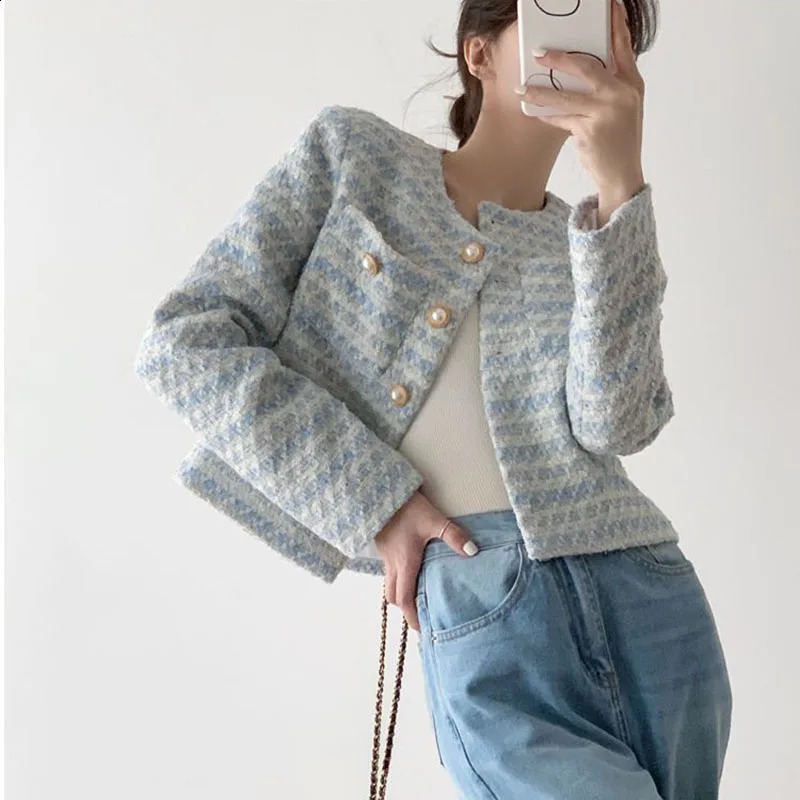 Xpqbb Autumn Winter Tweed Short Coat Women Korean Fashion Long Sleeve Single-breasted Jackets Casual Loose O-neck Outerwear Lady 240812