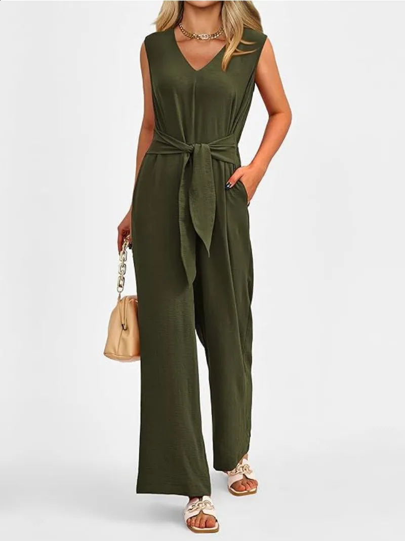 Womens Fashionable and Elegant Style Solid Color Womens Clothing Elegant V-neck Wide Leg Jumpsuit Sleeveless Jumpsuit 240813