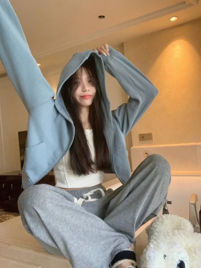 Hooded Sweatshirts Coats Women High Waist Crop Tops Solid Sudaderas Hip Hop Y2k Long Sleeve Korean Casual Zipper Pink Loose 240812