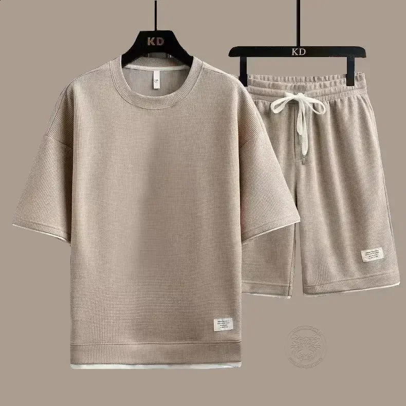 Mens Breathable Waffle Suit Short-sleeved T-shirt Shorts Summer Loose Youth Trend Casual Sportswear Two-piece Set S-4XL 240813