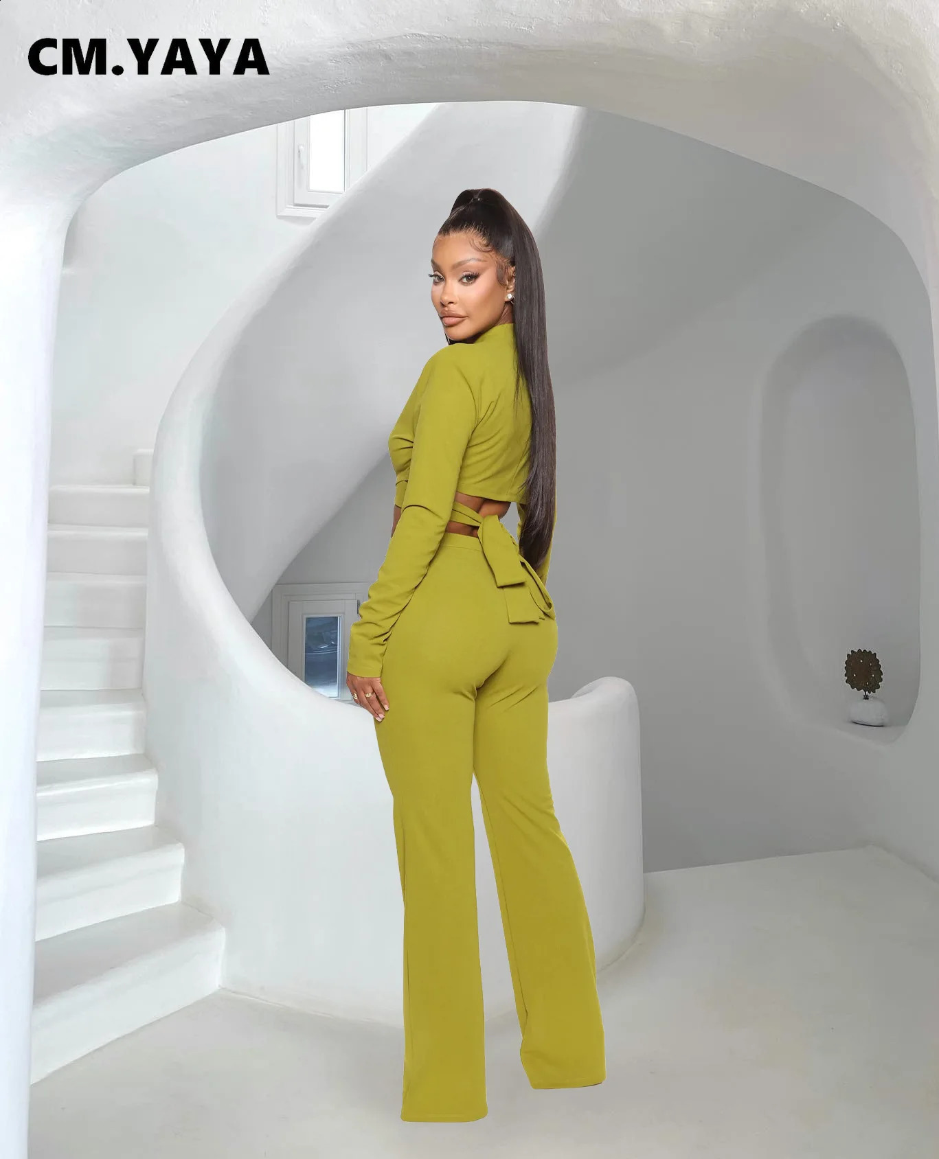 CMYAYA Elegant Womens Set Office Wrap Collar Pioneer and Shining Pants Street Track Field Two Piece 240812