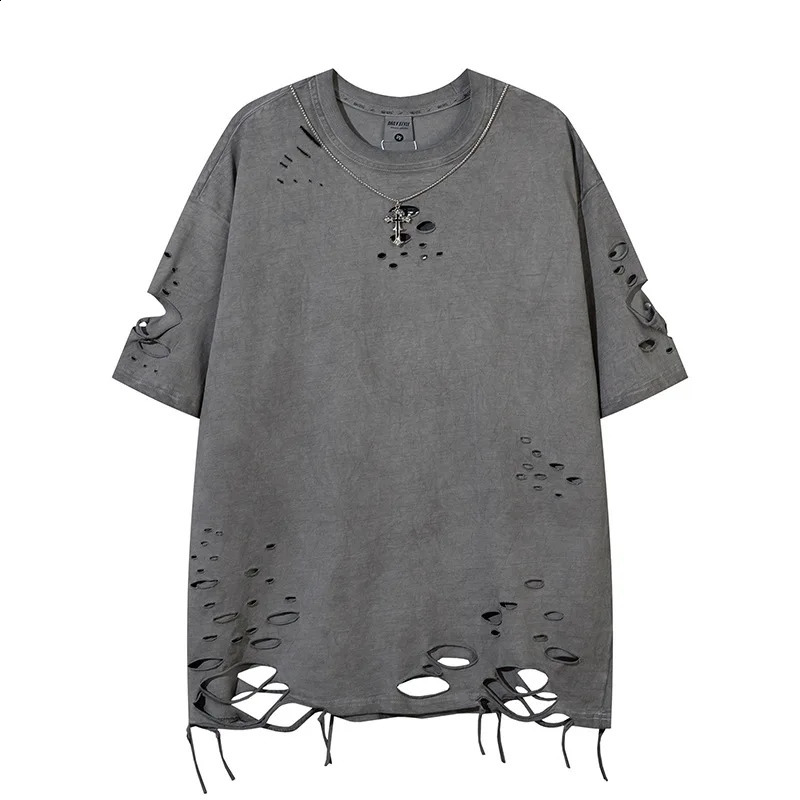 Summer Washed Destroyed Tops and T-shirts Retro Distressed Necklace T-shirt Harajuku Oversized Lazy Ripped T Shirt 240812
