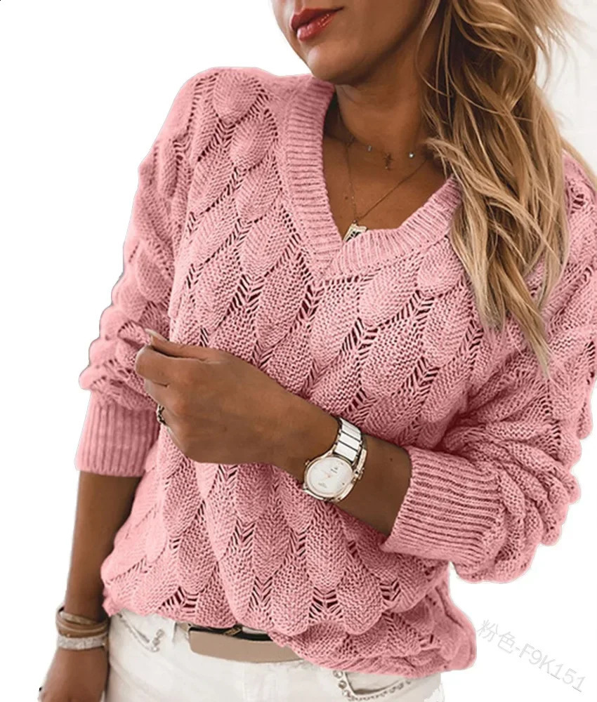 Sweater Fashion Womens Pullover Long Sleeve Women Pullover V-neck Hollow Out Solid Color Casual Sweater Top 240813