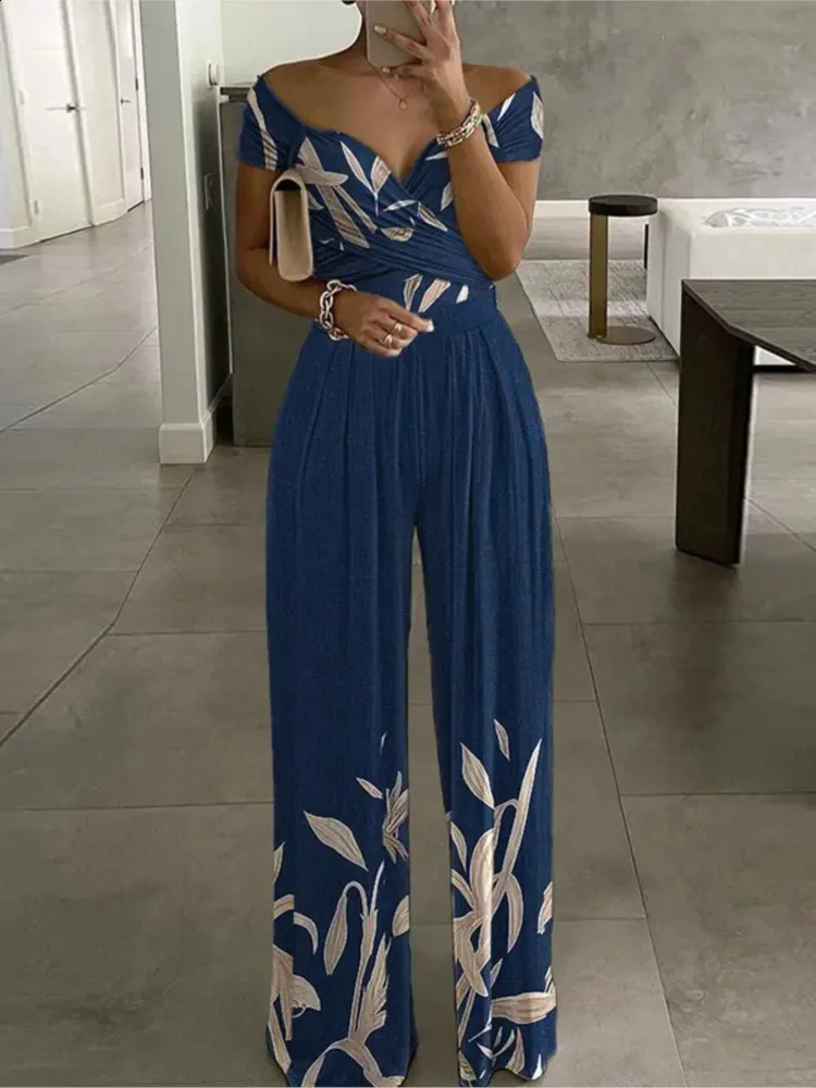 Summer Printed One Shoulder Jumpsuits Women High Waist Short Sleeves Wide Leg Long Pants Slim Jumpsuit Ladies Commuting 240813