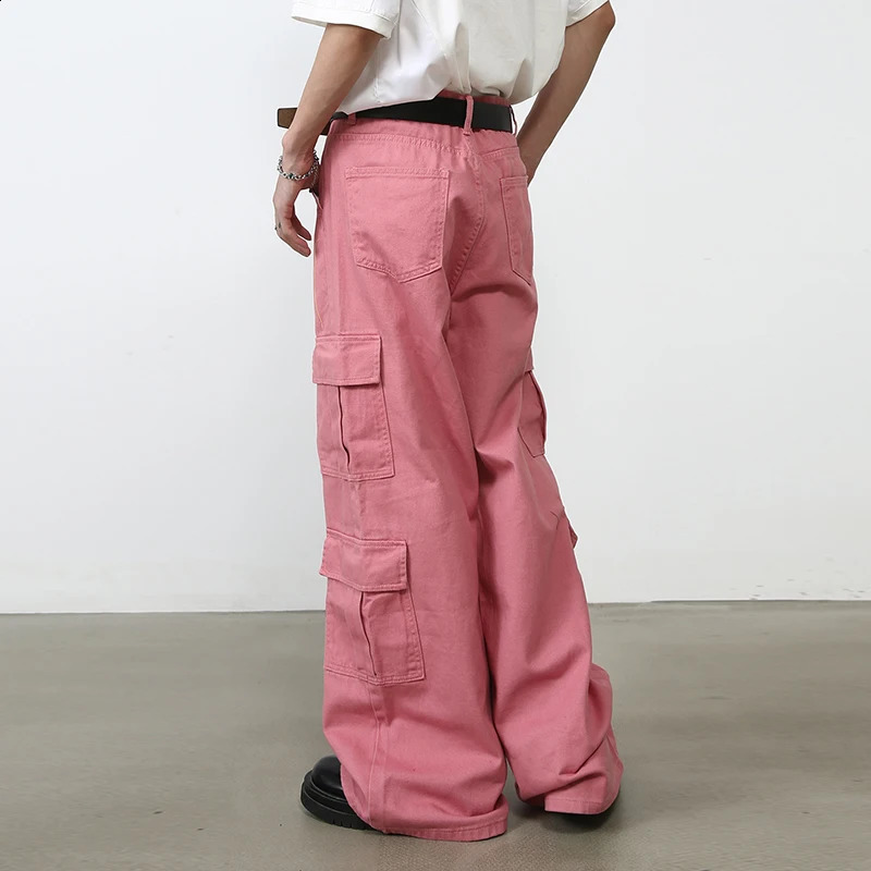 Hip Hop Street Clothing Product Pants Mens High Wide Leg Full Length Middle Waist Straight Multi Pocket Pink Trouser 240812