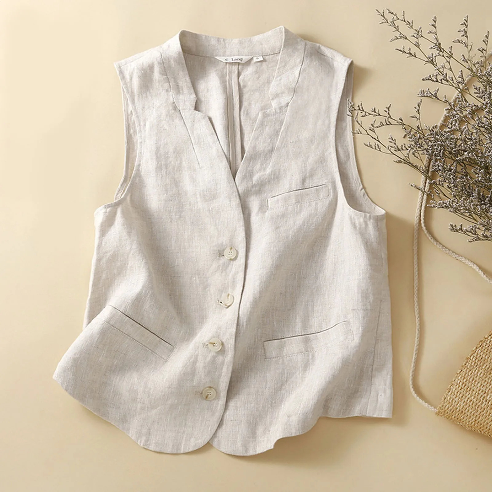 Vintage Women Vest Cotton Linen Casual Loose Vest Outerwear Single Breasted V Neck Sleeveless Vests Jackets 2024 Summer Top 240813
