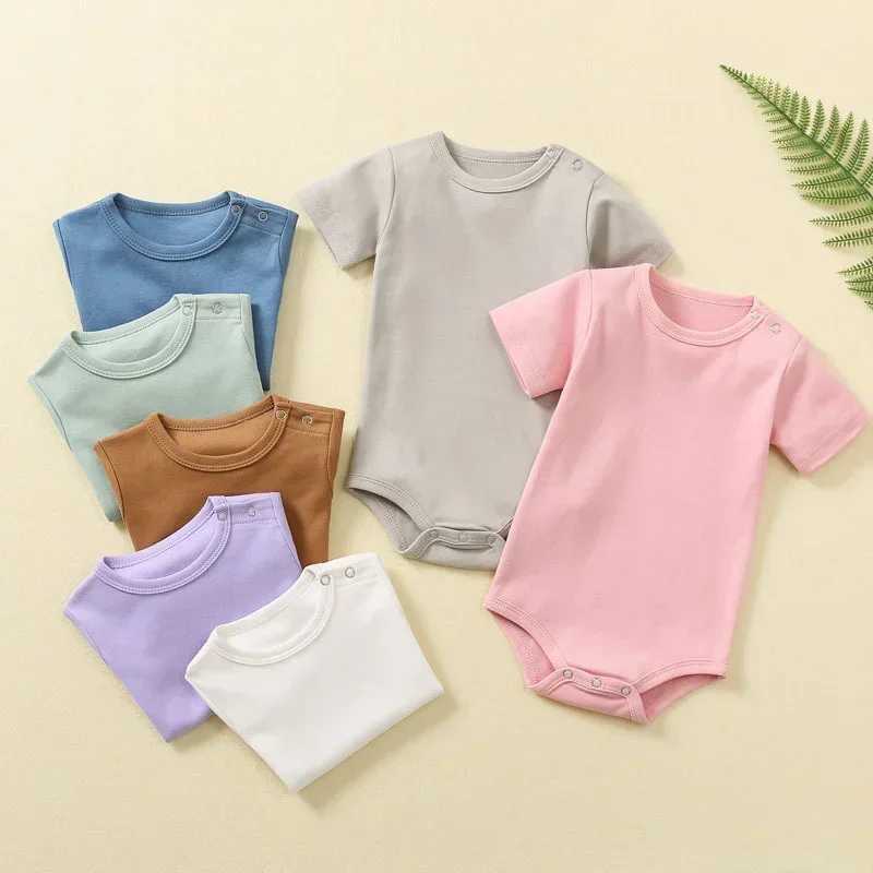 Newborn baby summer jumpsuit short sleeved organic cotton baby classic jumpsuit solid color mens clothing W240812