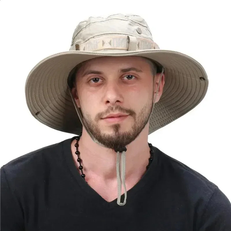 Summer Mens Bucket Hat Outdoor UV Protection Wide Brim Panama Wildlife Park Hunting Hiking Mesh Fishermans Beach Sunscreen 240812