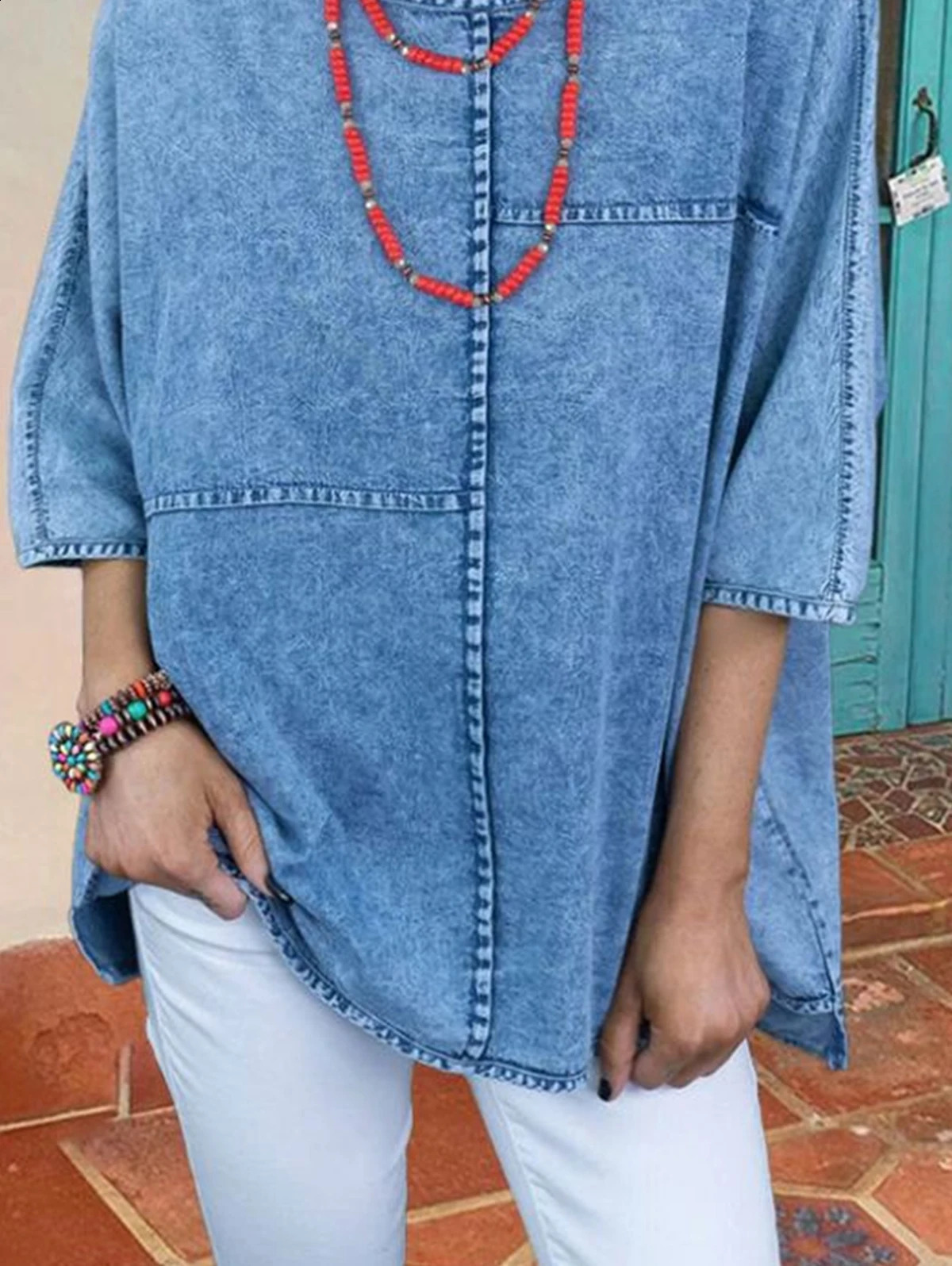 Womens Plus Size Denim Shirts Spring Fashion Half Sleeve Spliced Elegant Shirt Blouse Woven Cotton Shirt Chemise Blusas Tops 240812