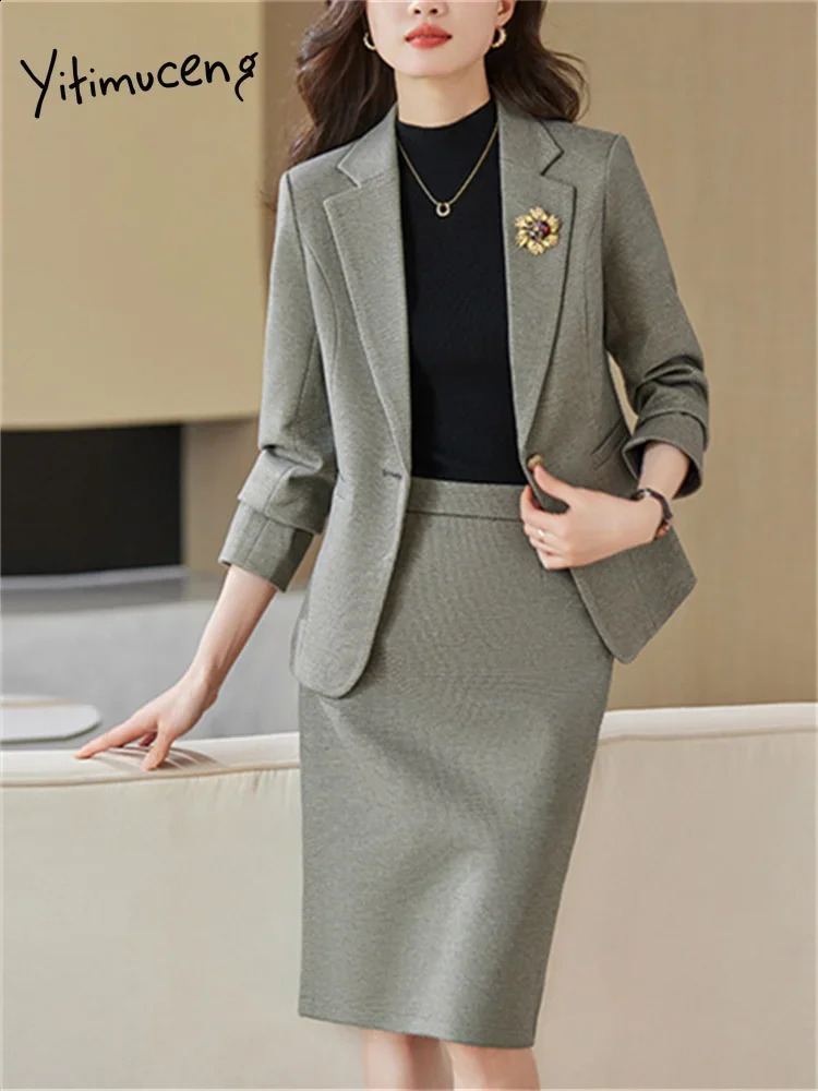 Yitimuceng Office Womens Two Piece Set Jacket Single Chest Ultra Thin Collar Solid Casual 240812