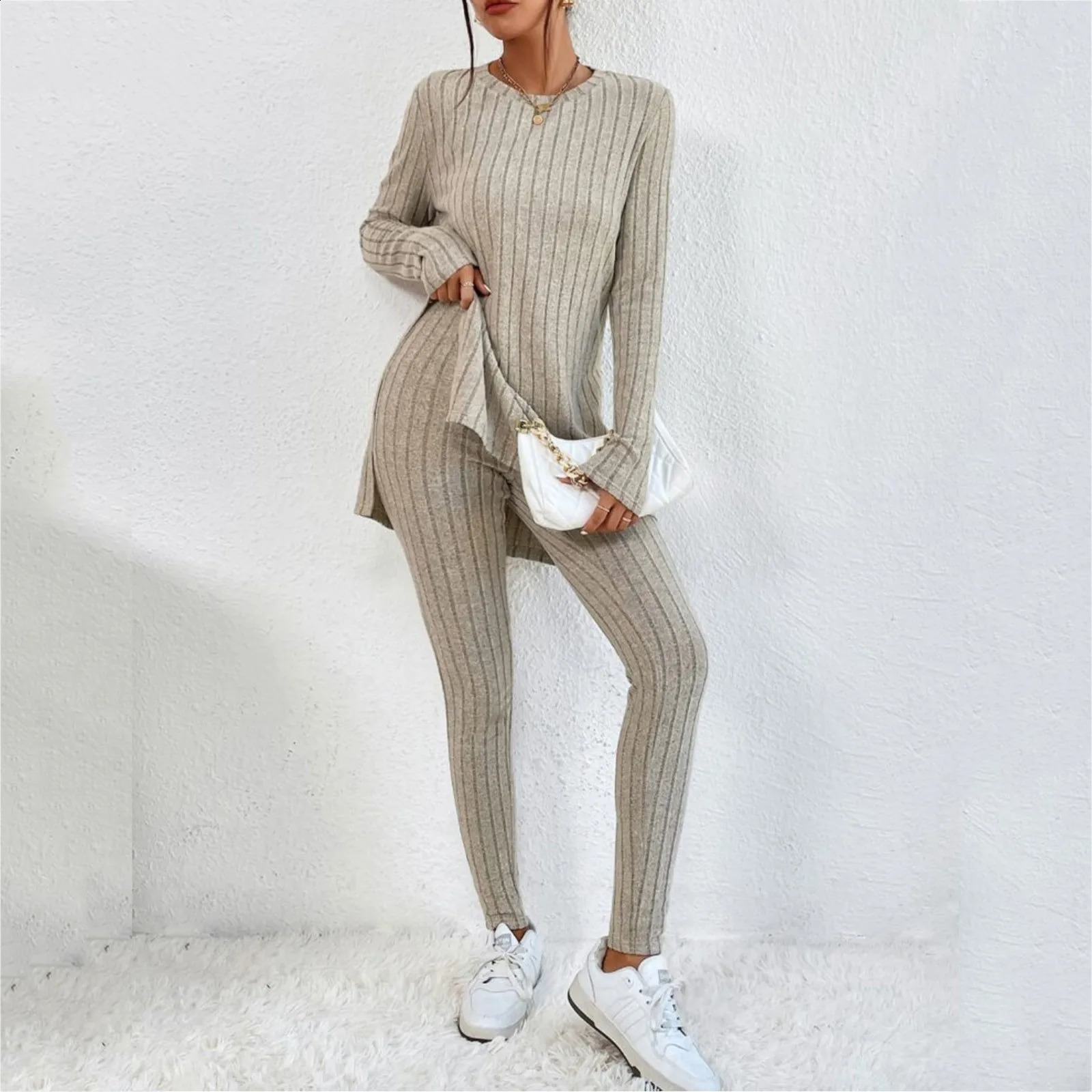 Casual Two Piece Set Women Outfits 2024 AutumnWinter Fashion Solid Knitted Long Sleeve Sweater Loose Pants Suit Elegant 240813