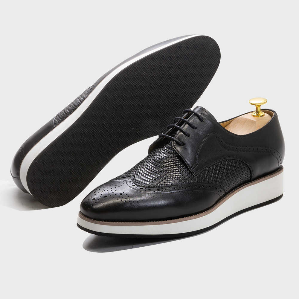 CMM New Trendy Mens Leather Casual Pointed Derby Shoes Mens Woven Pattern Low Top Mens Leather Shoes