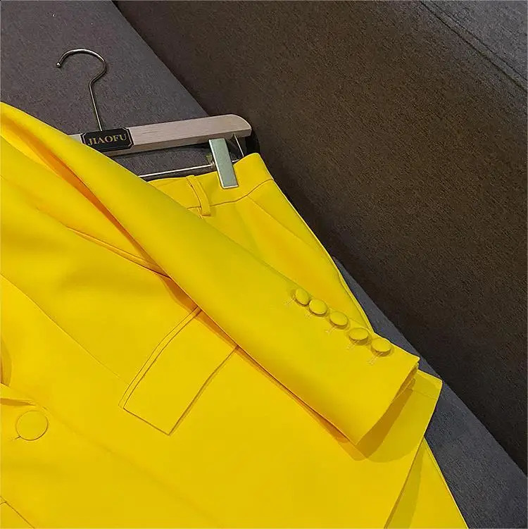 All season Lemon Yellow Office Womens Set Double layered Long sleeved Trailblazer Flared Pants Solid Two piece 240812