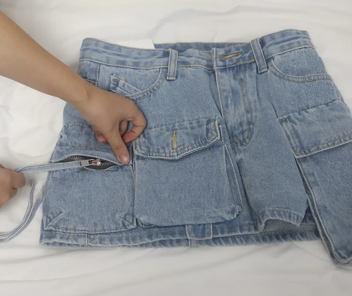 Y2K Fashion Irregular Pocket Cargo Denim Skirt Women Clothing Summer Sexy A-line Hip Skirts Female Bottoms Streetwear 240812