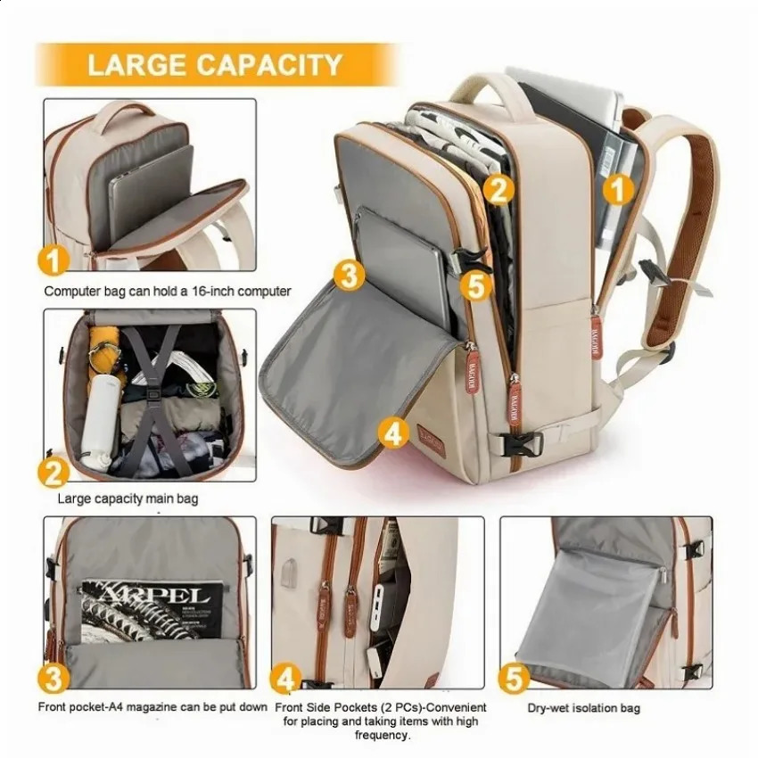 Airplane travel backpack womens laptop bag large capacity business expandable multifunctional 240813