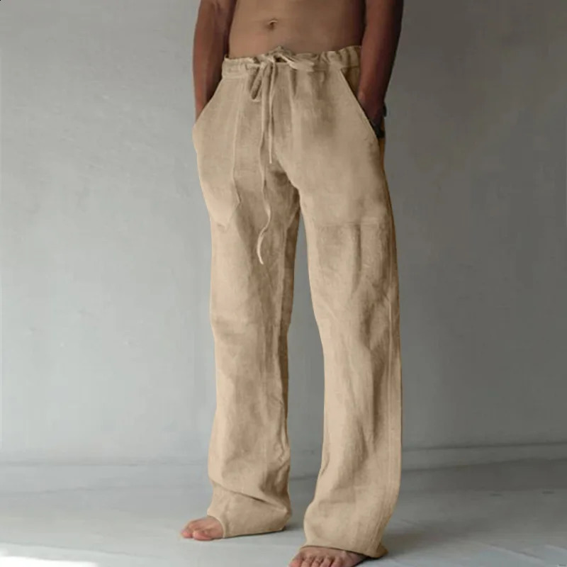 Mens casual pants solid summer fulllength soft linen for daily wear mid waist pocket drawstring Trouser Streetwear bottom 240812