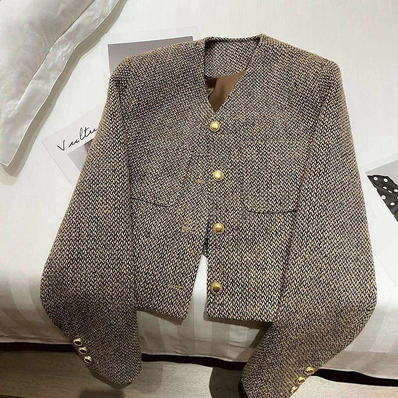 Vintage Cropped Tweed Jacket Women Elegant Short Blazer Autumn Korean Single-Breasted All Match Casual Chic Outerwear Tops 240812