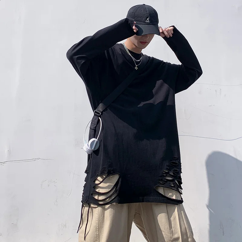 T Shirt for Man Clothing Round Neck Top Solid Color Long Sleeve Social Tee with Harajuku Fashion Ripped T Shirts W48 240812