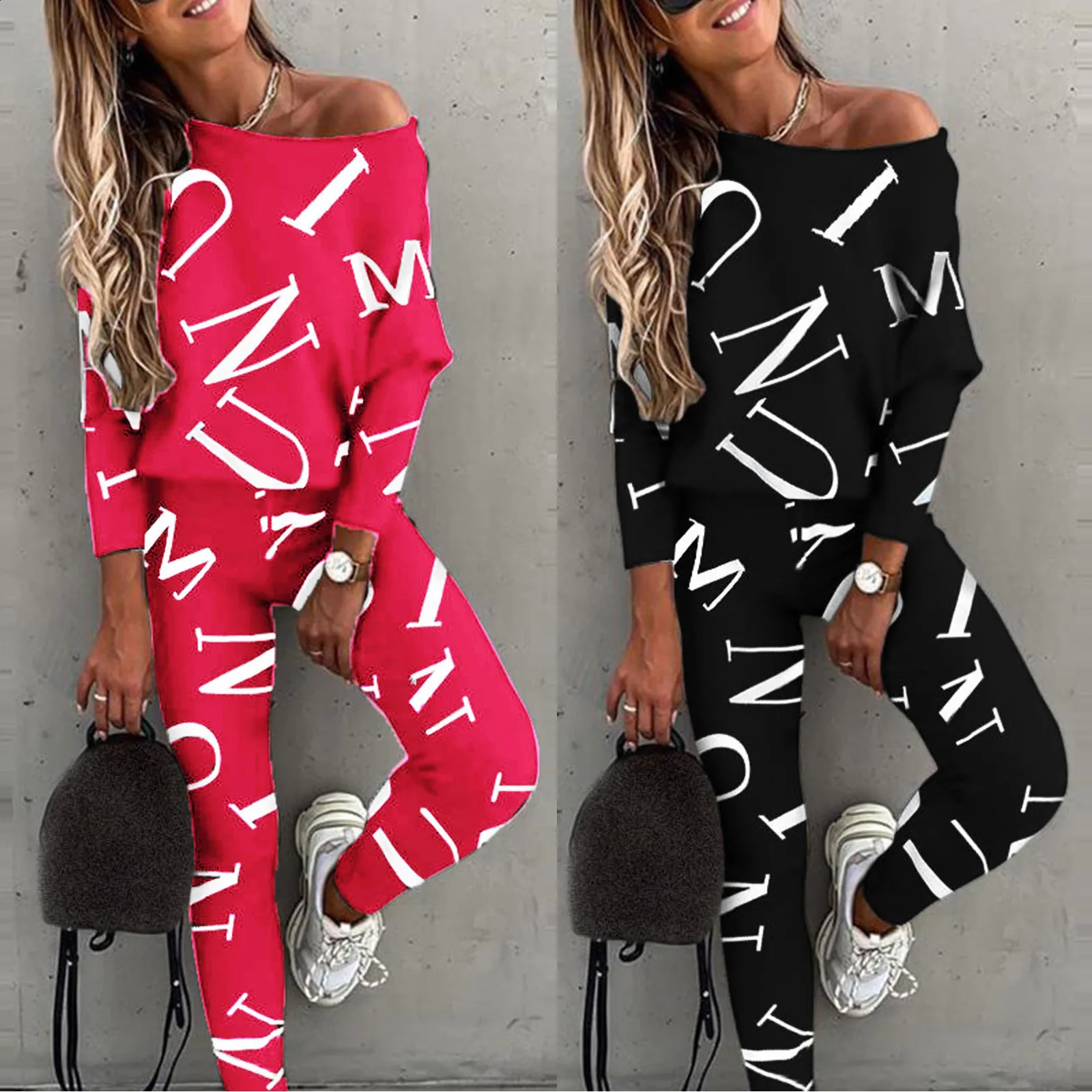 Womens Casual Fashion Letters Printed Bat Sleeve Long Pants Leisure Sports Suit Casual Loose Versatile Two Piece Set Outfit 240813