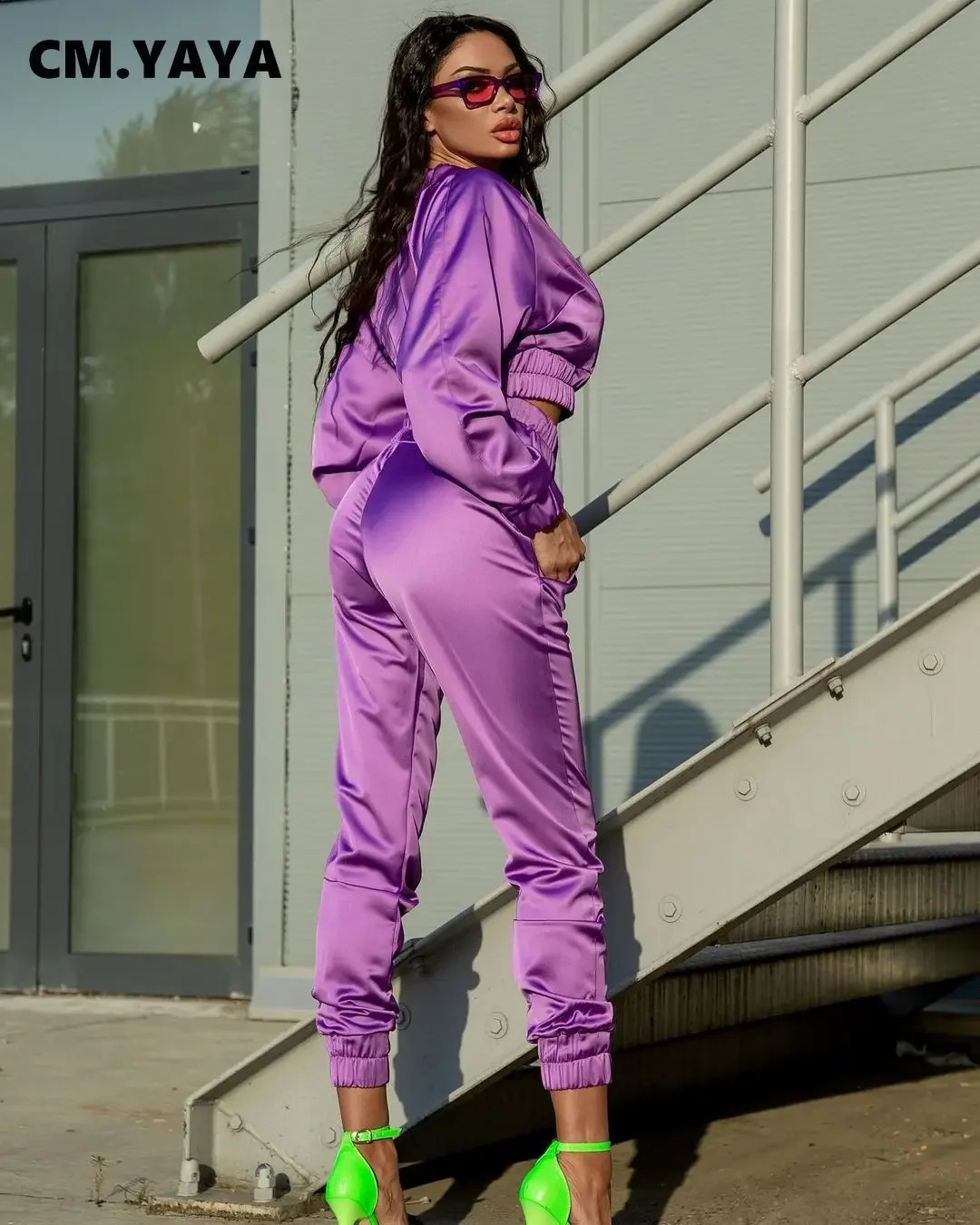 CM.YAYA Sport Bright Solid Womens Set Track Jacket and Pants Suit Active Sweatsuit Tracksuit Two Piece Set Fitness Outfits 240813