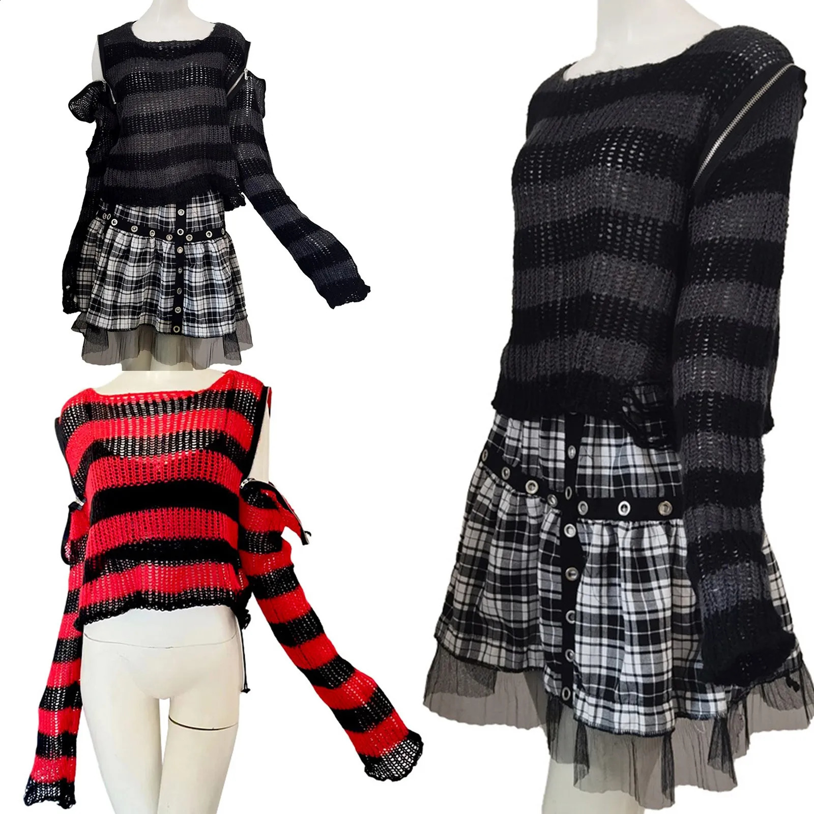 Women Gothic Tops Hollow Out Off Shoulder See-Through Sexy Sweater Punk Zipper Up Halloween Clothes Cool Girls O-Neck Pullover 240812