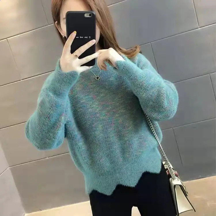 Women Winter Korean Half High Neck Pullover Mink Plush Sweater Trendy Jacquard Knit Bottom Shirt Warm Loose Long Sleeve Tops 240812