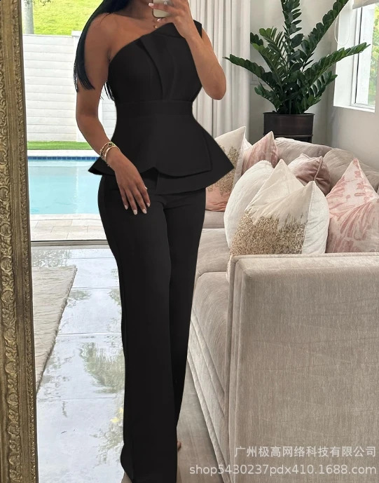 2024 Womens Elegant Commuting Two-piece Set One Shoulder Sleeveless Layered Ruched Top and High Waist Straight Leg Pants Set 240813