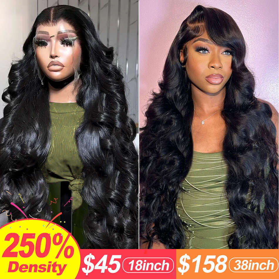 250 Density Transparent 13X6 Body Wave Frontal Wigs Human Hair 28 30 32 Inch 13X4 Lace Front Wig Brazilian Natural Black