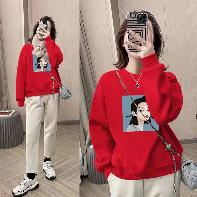 Autumn and Winter Womens Crew Neck Long Sleeved Printed Loose Pullovers Korean All Match Fashion Casual Office Lady Tops 240812