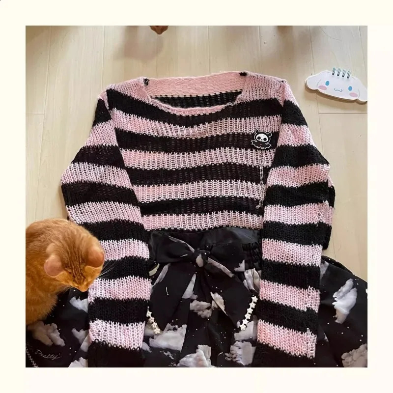 Casual Simple Sweater Knitwear Striped Long Sleeve Gothic Pullover Loose Punk Thin Knit Jumpers Grunge Women Autumn Sweaters 240812