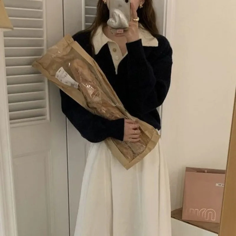 Deeptown Vintage Long Sleeve Female Sweater Korean Style Youthful Woman Gray Jerseys Office Wear Elegant Ladies Knit Pullovers 240813