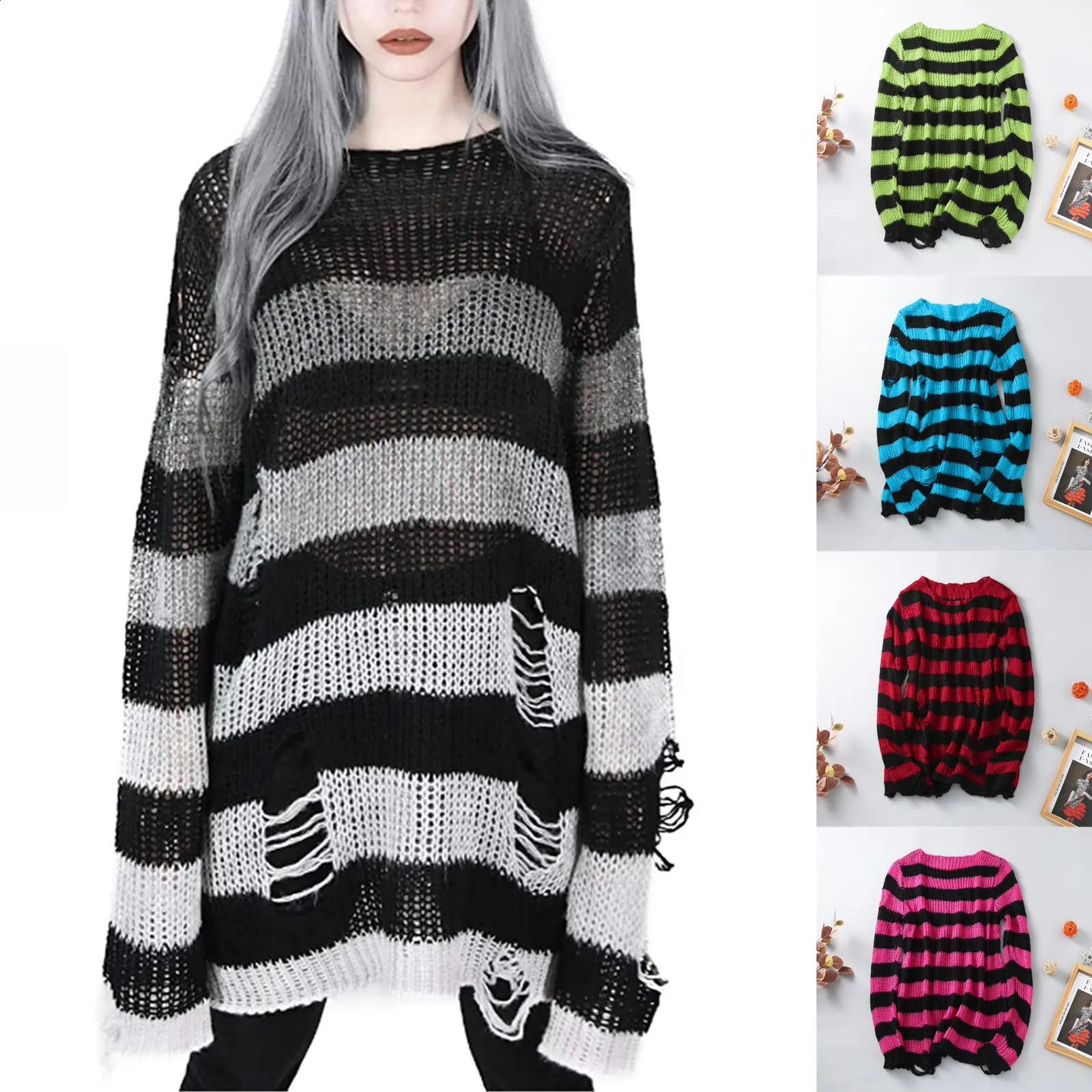 Punk Gothic Long Unisex Sweater Women Striped Cool Hollow Out Hole Pullover Broken Jumper Loose Rock Thin Streetwear Top 240812
