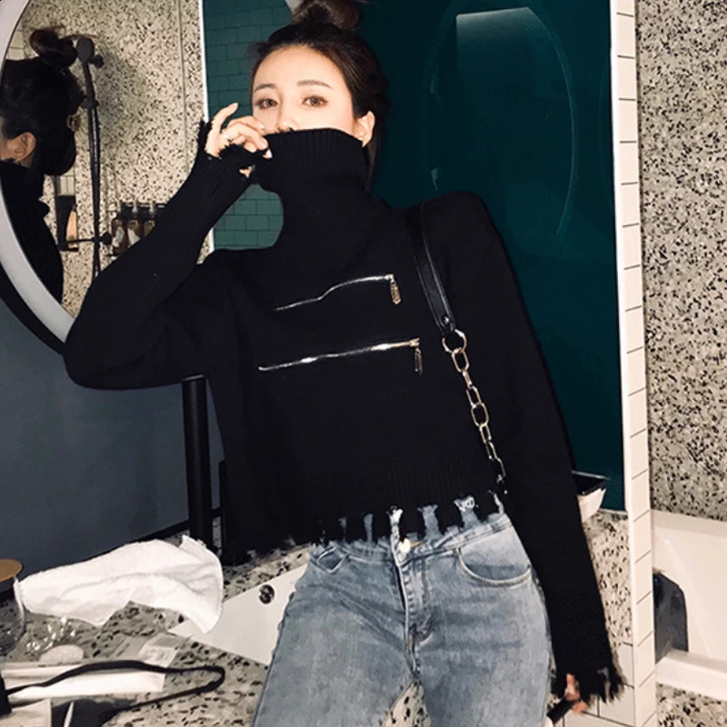 Womens Black Gothic Pullover Knitted Sweater Long Sleeve Sweaters Jumper 90s Korean Y2k Emo 2000s Harajuku Vintage Clothes 240812