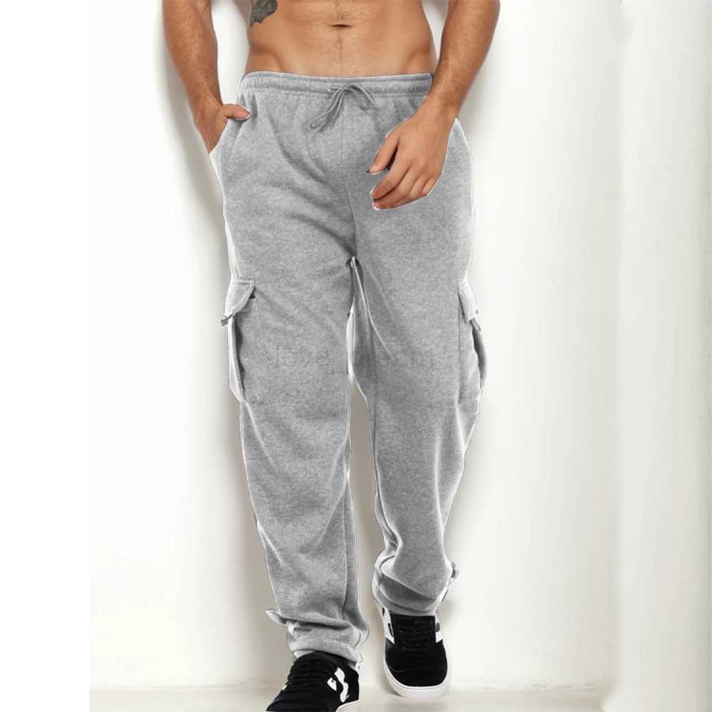 Mens Cargo Sweatpants Straight Fit Joggers Sports Pants Autumn Winter Streetwear Loose Fleece Long Pants Men Multi-pocket PantsXJ240813