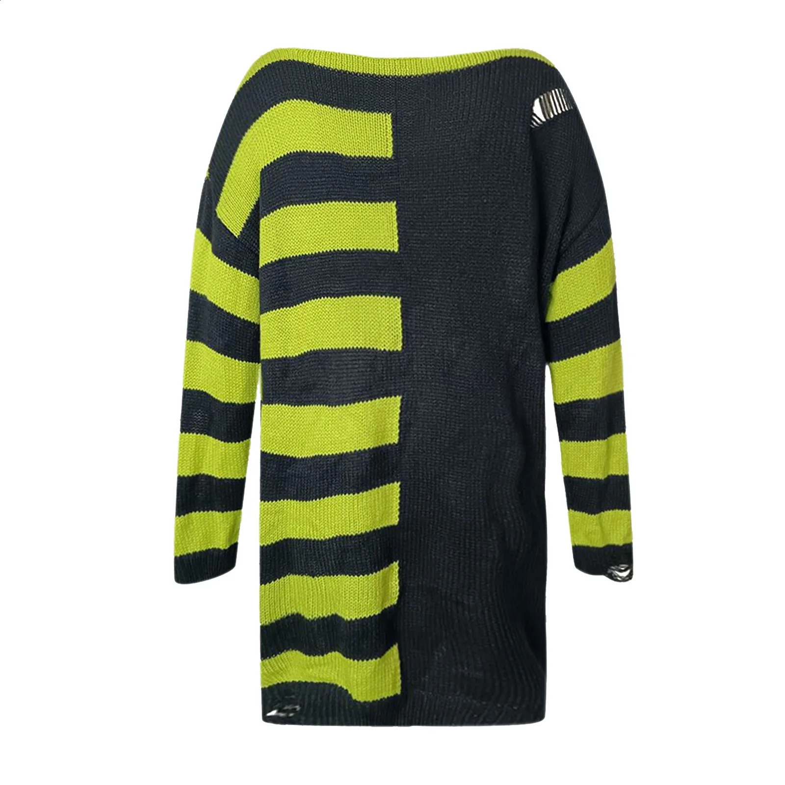 Y2K Gothic Gradient Striped Sweaters Women Ripped Holes Knitted Pullovers Streetwear Contrast Color Loose Jumpers 240812