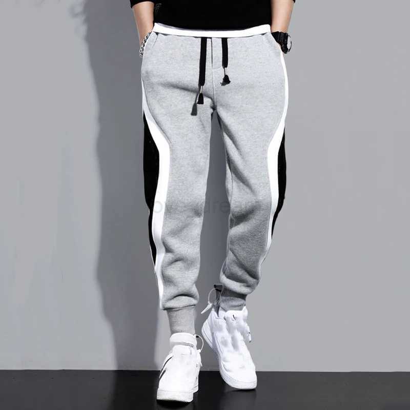 Autumn Winter Mens Loose Casual Pants Trendy Patchwork Trousers Warmer Fleece Long Thicken Pants Sweatpants Joggers PantsXJ240813