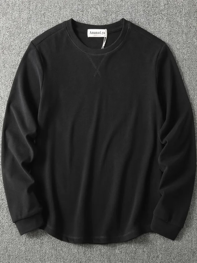 Autumn American Retro Mens O-neck Solid Color Wash Long Sleeve Cotton T-shirt Loose Casual Fashion Undercoating 240812