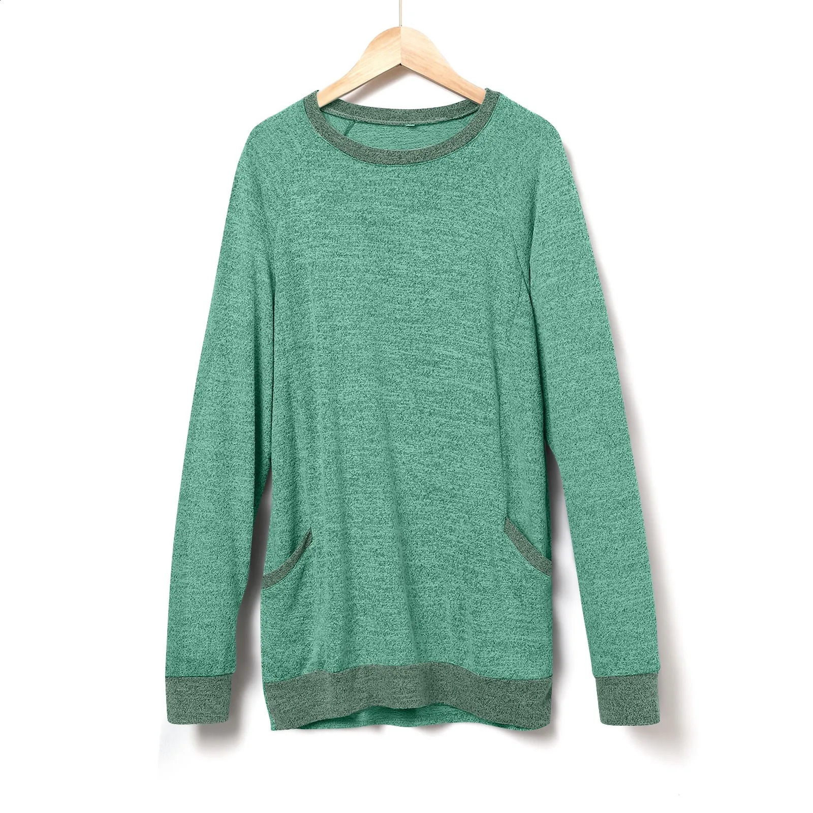 Women Clothings Pocket Casual T-shirt Sweatshirt Round Neck Long Sleeve Women Fashion Autumn Winter 240813