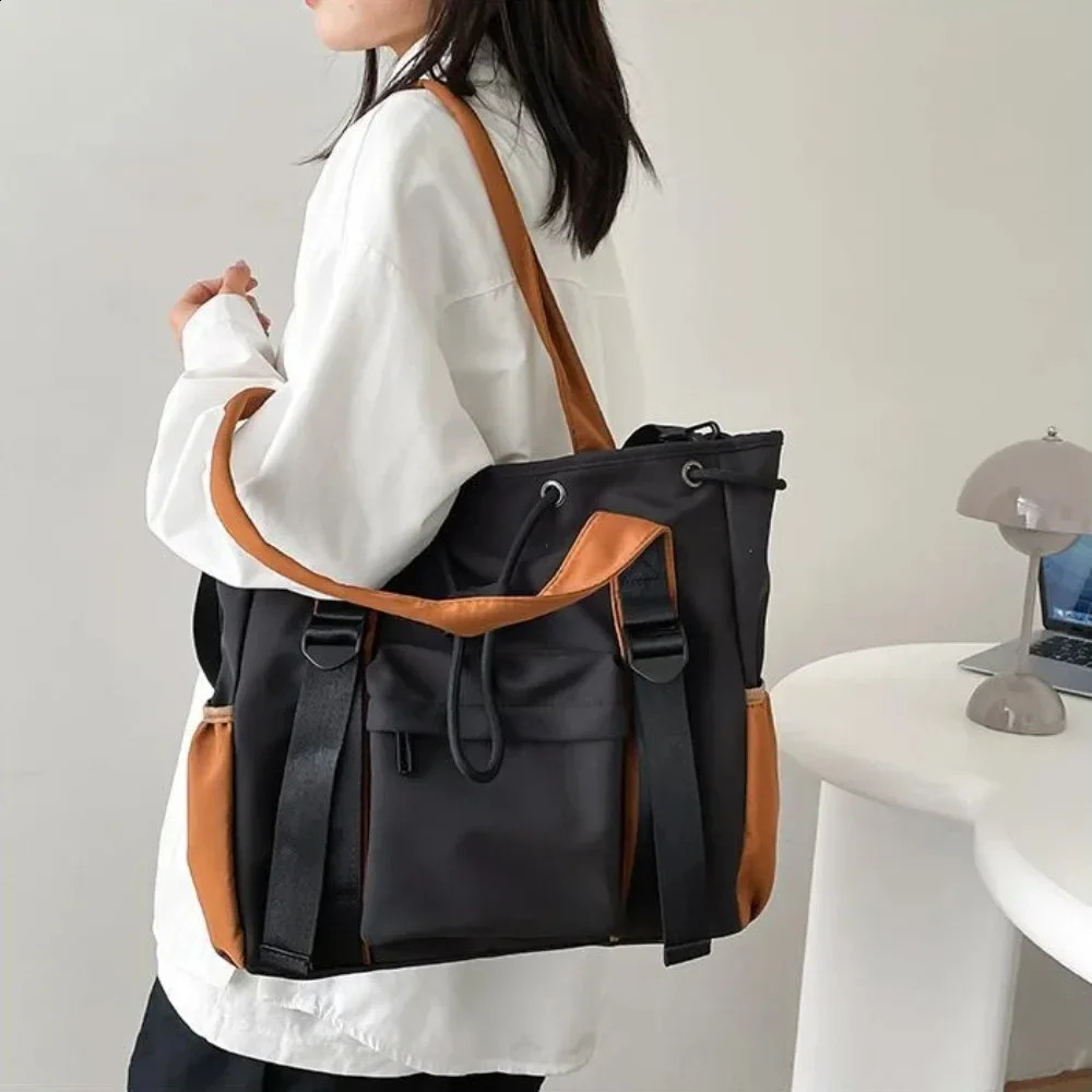 Anti splash nylon fabric shoulder cross body bag womens multi pocket drawstring handbag large capacity student backpack 240813