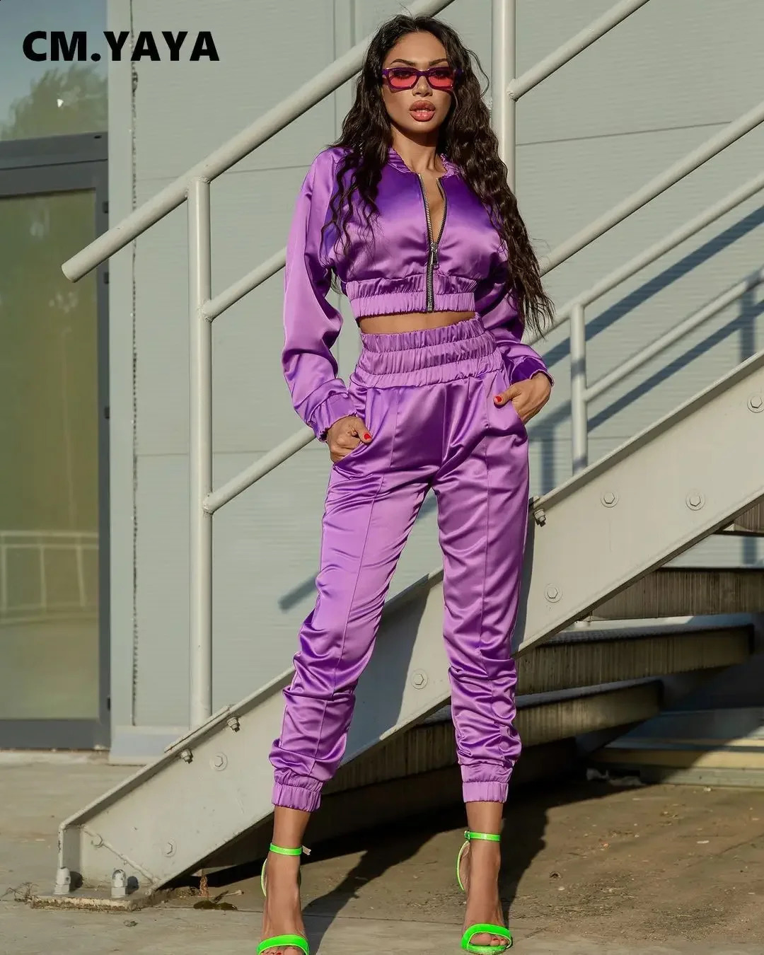 CM.YAYA Sport Bright Solid Womens Set Track Jacket and Pants Suit Active Sweatsuit Tracksuit Two Piece Set Fitness Outfits 240813
