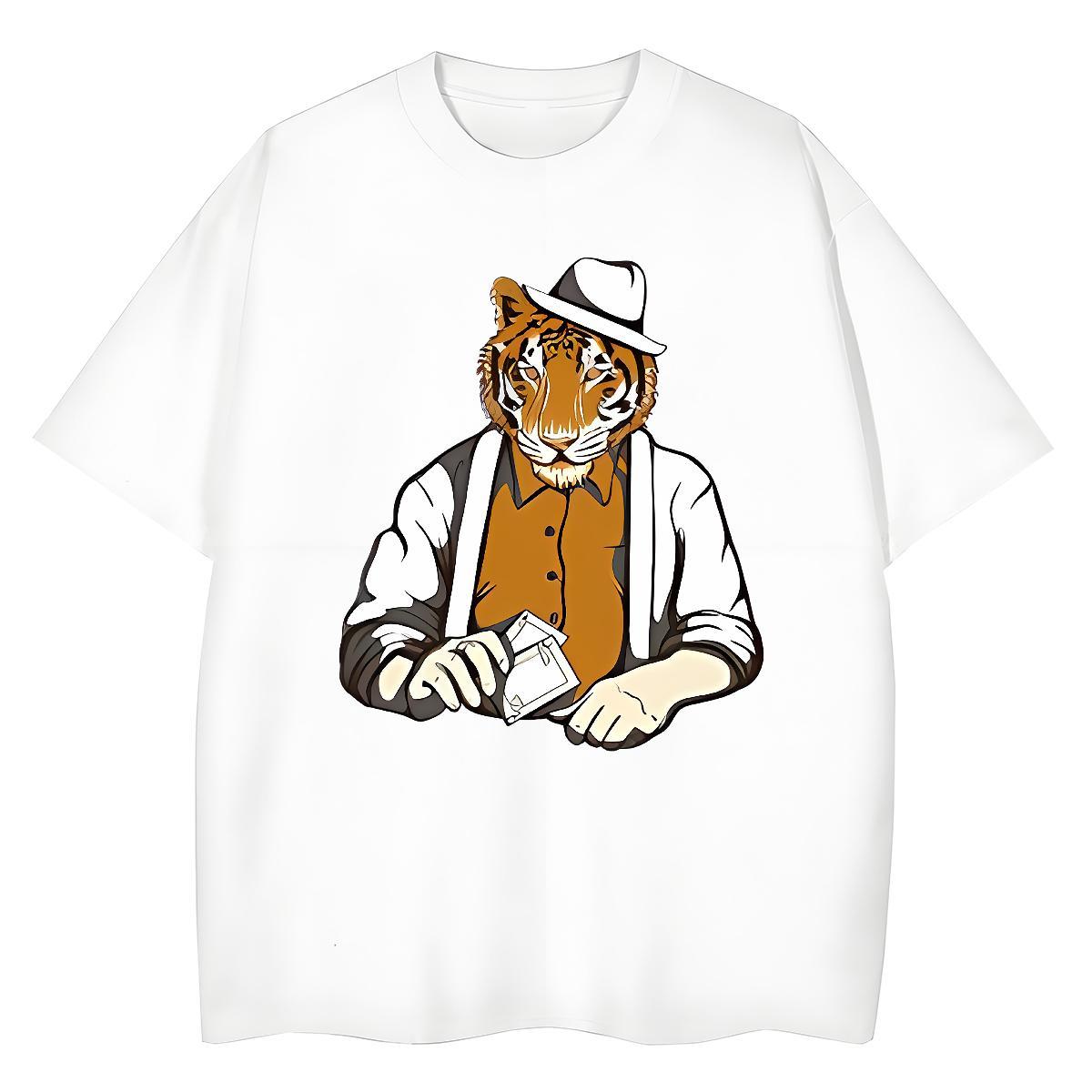 Fashion Couples T Shirts tiger Street wear Hip Hop 230g Cotton Tops Shirt O-Neck Short Sleeve Soft T-Shirts Asian Size