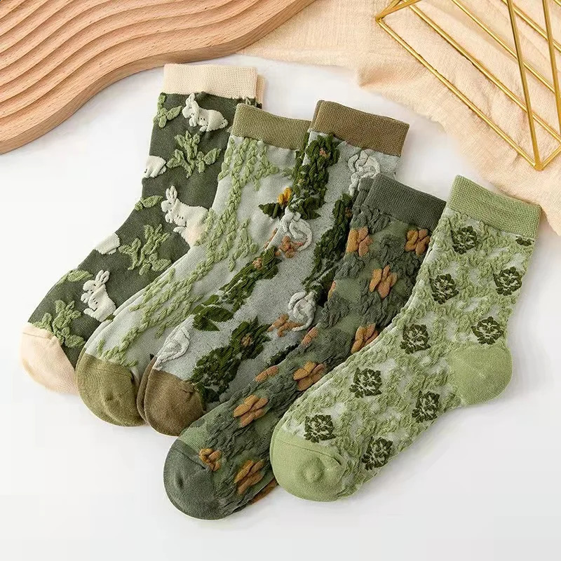 5 Pairs/ Lot Woman Socks Harajuku Retro Embroidery Spring Kawaii Cute Socks Lolita Socks Lace Flower Crew Socks Christmas Gift 240813