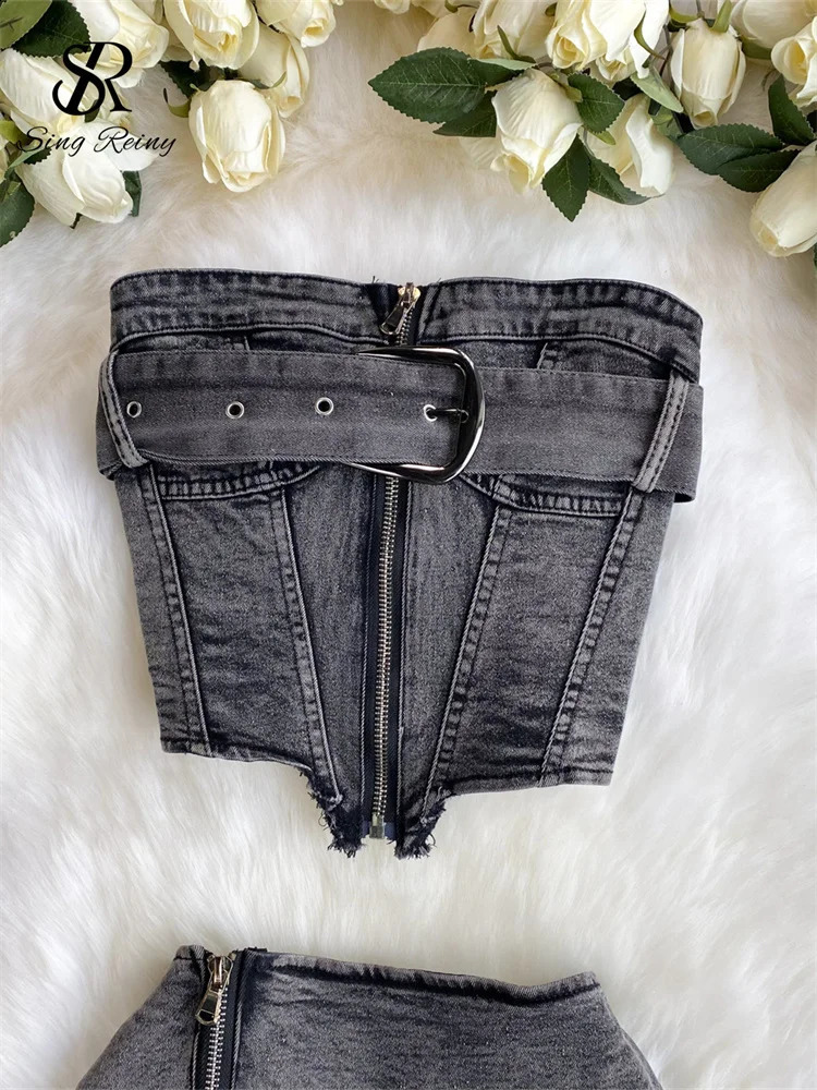 SINGREINY sweet Ins Streetwear Deinm Sets Women Strapless Sleeveless Zipper Bodycon TopHigh Waist Pleated Short Skirt Suits 240812