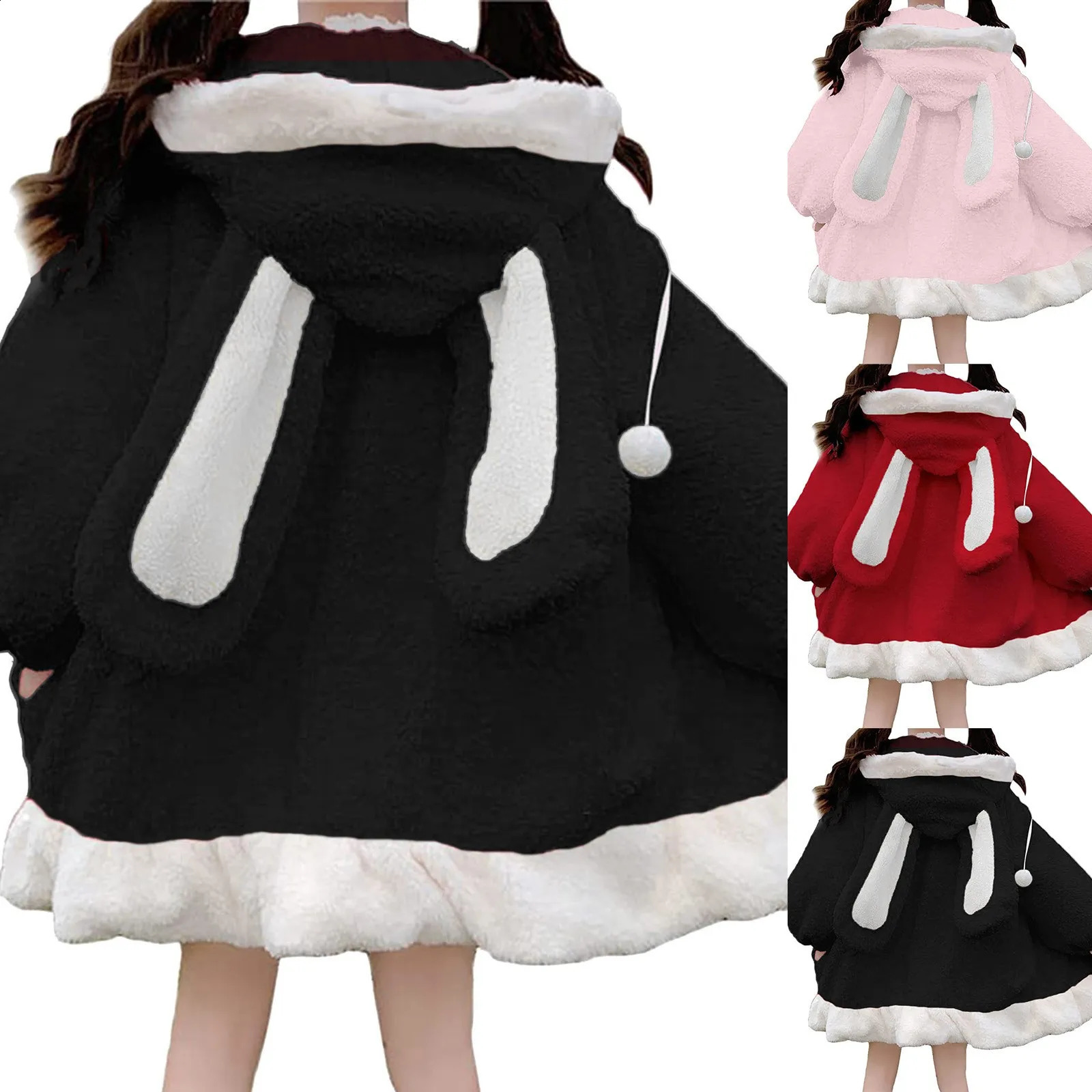 Kawaii Hoodies Women Lolita Winter Warm Lambswool Oversized Sweatshirt Cute Bunny Ears Long Sleeve Zip Up Hooded Fleece Jacket 240813