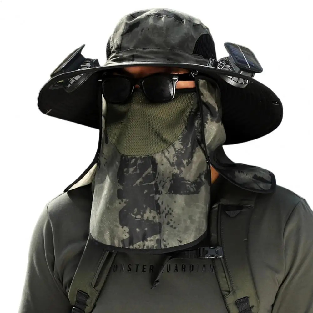 Mens Fishermans Hat with Solar Fan Front Cover Large Diameter Hollow Mesh UV Protection Outdoor Fishing Travel 240812