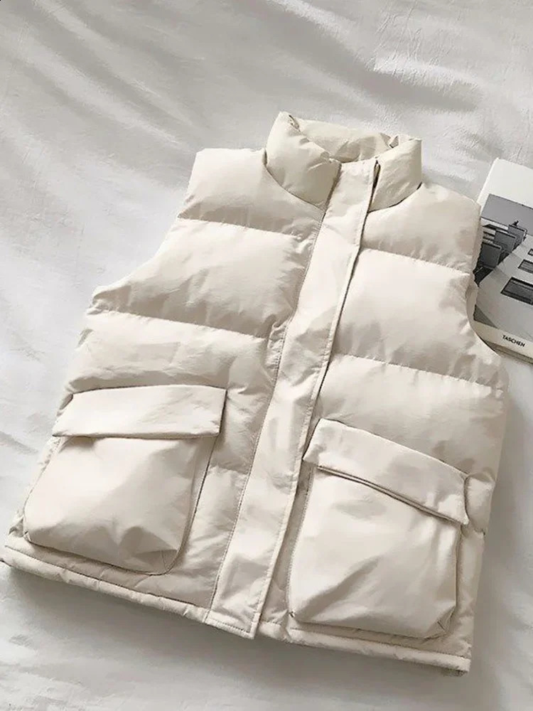 Vest for Women Winter Vest Black Short Korean Stand down Cotton Waistcoat Casual Loose Sleeveless Outwears 240813